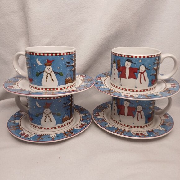 4 Cups and Saucer Sets Sakura Debbie Mumm Vintage 1997 Stoneware Christmas - Picture 10 of 16
